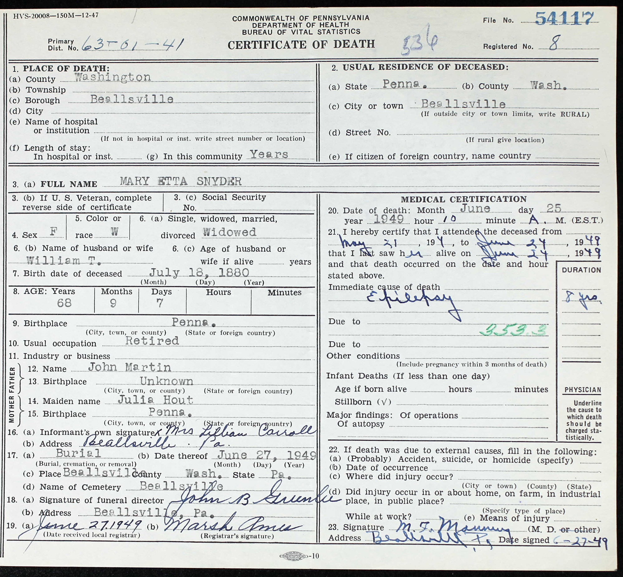 death certificate